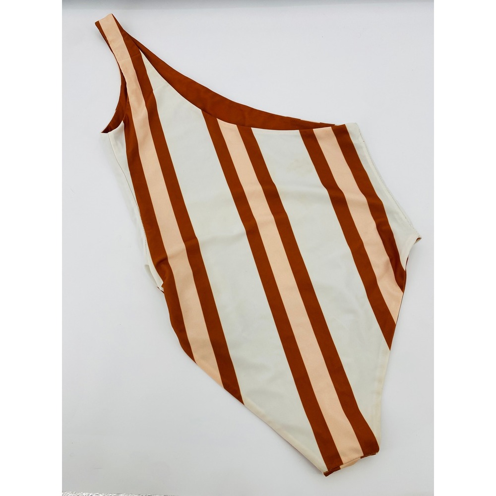 Baiia One Shoulder One Piece Swimsuit Women Brown Stripe Reversible